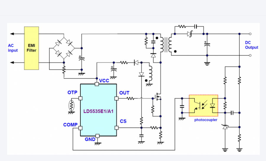 Green PWM controller LD5535E1GL schematic circuit diagram with frequency exchange and integrated protection